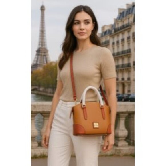 Dooney Bourke Pebble Leather Dome Designer Satchel Work Bag  Camel and Cognac - Picture 1 of 10